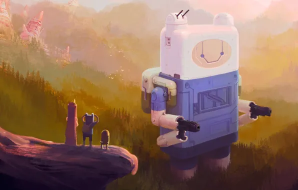 Картинка лес, горы, робот, арт, Jack, время приключений, Adventure time, Finn