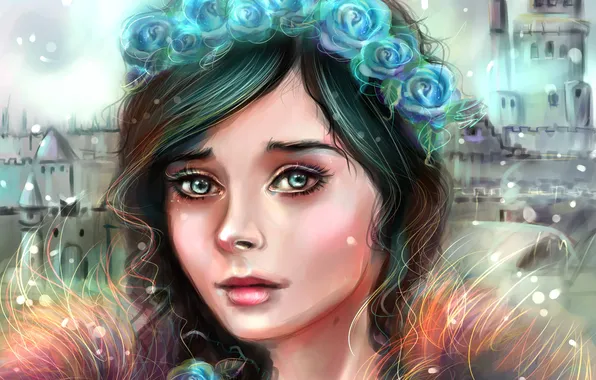 Картинка девушка, лицо, замок, розы, арт, венок