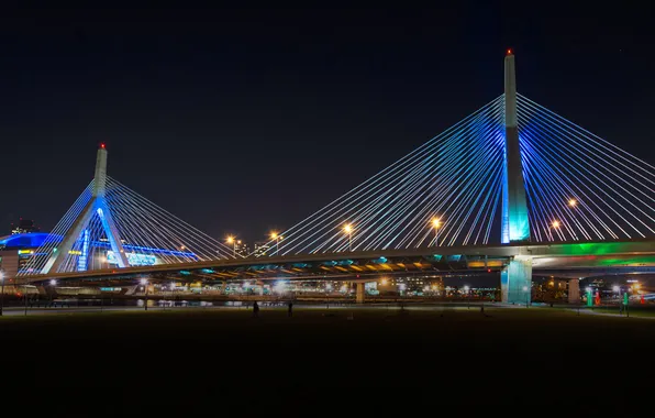 Картинка ночь, мост, огни, опора, USA, США, Boston, Massachusetts