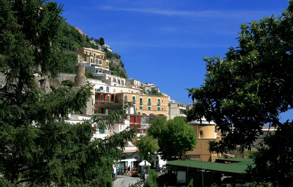 Картинка деревья, ветки, дома, Италия, Positano