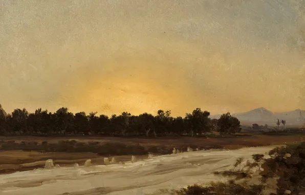 Картинка деревья, пейзаж, горы, картина, Карлос де Хаэс, Закат в Эльче