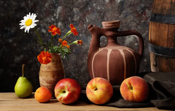 Картинка ромашка, ваза, груша, кувшин, фрукты, натюрморт, абрикос, персики