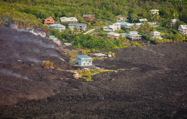 Дорога, пальмы, дома, наступление, Hawaii Kilauea Volcano