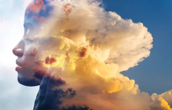 Картинка небо, облака, лицо, человек, эффект