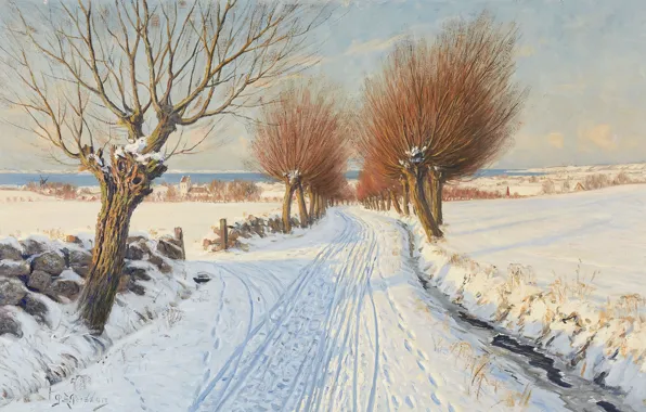 Шведский художник, Swedish painter, oil on canvas, Peter Adolf Persson, Заснеженная аллея, Snow covered alley, …