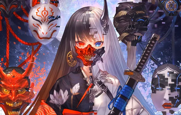 Girl, wallpaper, Anime, Warrior, Katana, Mask