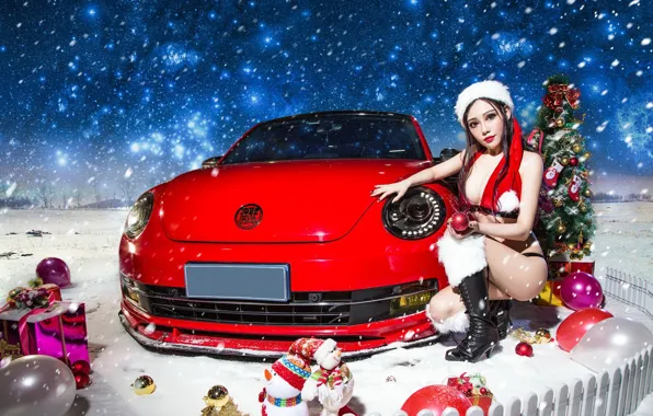 Взгляд, подарки, азиатка, Эротика, красивая девушка, Volkswagen Beetle, красный авто, позирует над машиной