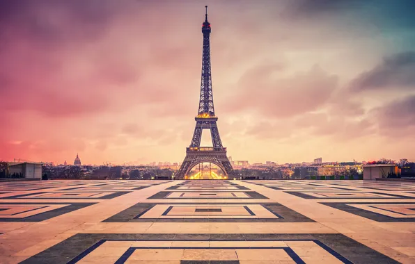 Облака, город, Франция, Париж, вечер, площадь, Эйфелева башня, Paris