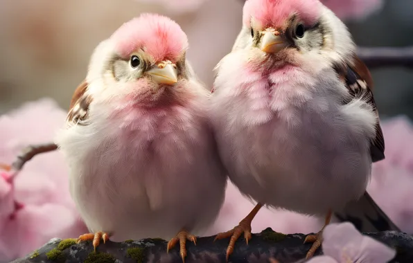 Цветы, птицы, ветка, весна, парочка, цветение, цифровое искусство, ИИ-арт