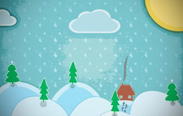 Небо, солнце, облака, деревья, пейзаж, домик, холст