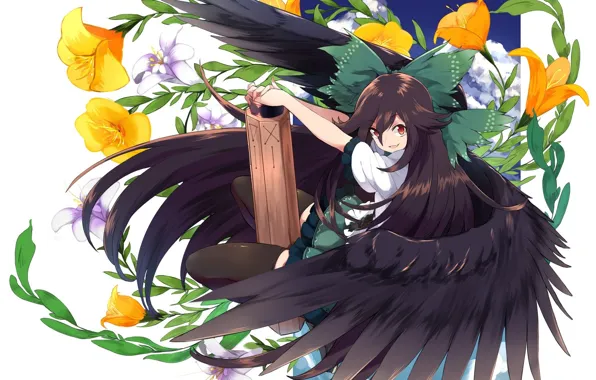 Цветы, белый фон, длинные волосы, челка, Touhou, Reiuji Utsuho, черные крылья, Touhou Project