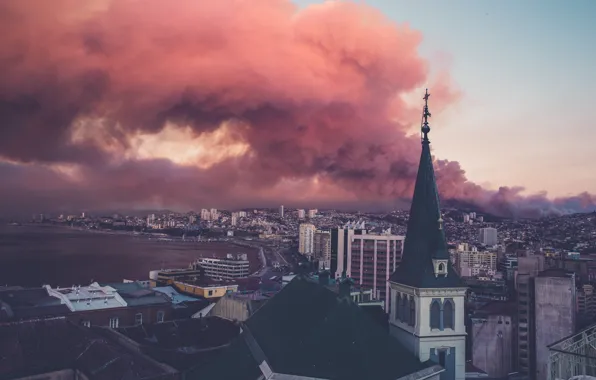 Sky, smoke, clouds, houses, buildings, Chile, burning, church