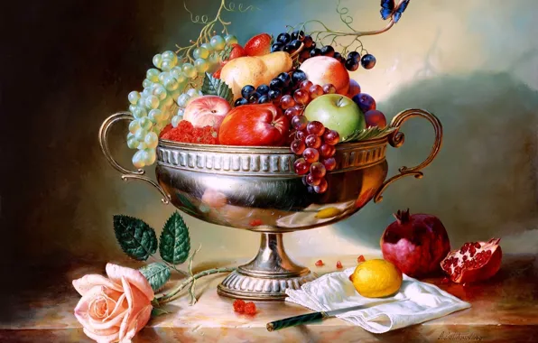 Картинка малина, лимон, бабочка, яблоки, роза, клубника, виноград, нож