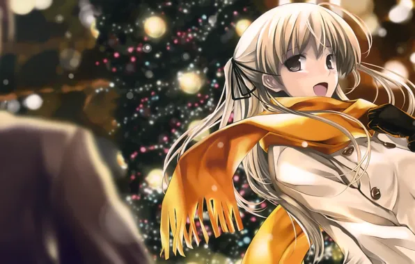Зима, улыбка, спина, блондинка, anime, art
