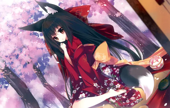 Картинка девушка, лепестки, сакура, хвост, кимоно, длинные волосы, art, кошачьи уши