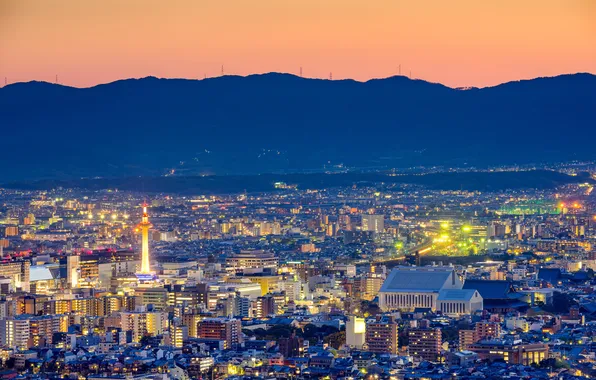 Пейзаж, горы, ночь, огни, дома, Япония, панорама, Kyoto