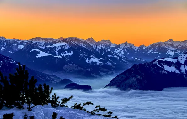 Снег, закат, горы, Швейцария, Switzerland, Bernese Alps, Бернские Альпы
