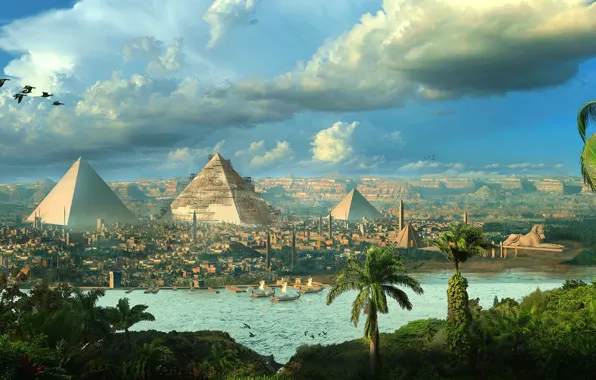 Картинка птицы, город, пальмы, пирамиды, Egypt