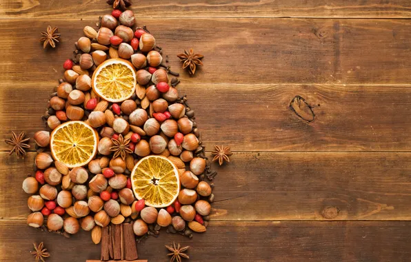 Картинка зима, стол, дерево, праздник, елка, апельсин, Новый Год, шиповник