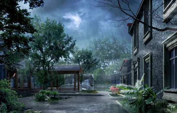 Картинка дождь, фотошоп, двор