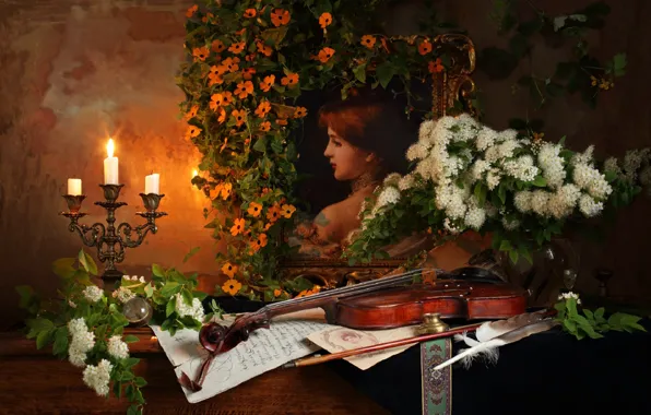 Картинка цветы, скрипка, свеча, картина, натюрморт