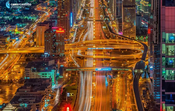 Картинка ночь, огни, дороги, Дубай, ОАЭ