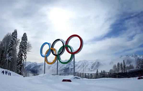 Зима, снег, деревья, горы, Россия, Олимпийские кольца, Сочи 2014, комплекс Лаура