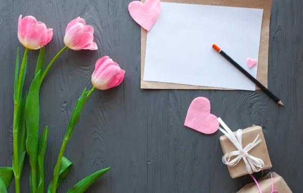 Картинка цветы, сердечки, тюльпаны, розовые, wood, pink, flowers, romantic