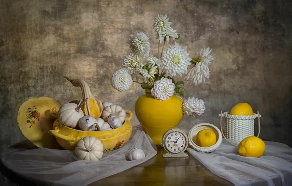 Картинка фантазия, букет, натюрморт, лимоны, White Dahlia Flowers