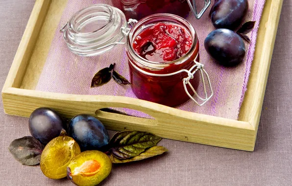 Банка, сливы, листики, leaves, варенье, jam, plums, Bank