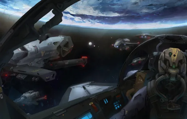 Картинка планета, корабли, шлем, кабина, пилот, космические, звено