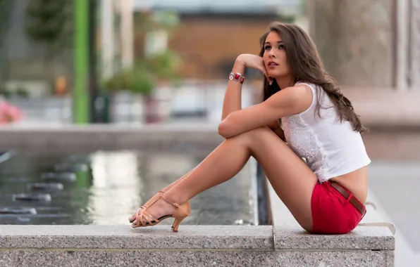 Взгляд, фонтан, браслет, sexy, длинные волосы, long hair, сексуальная, look