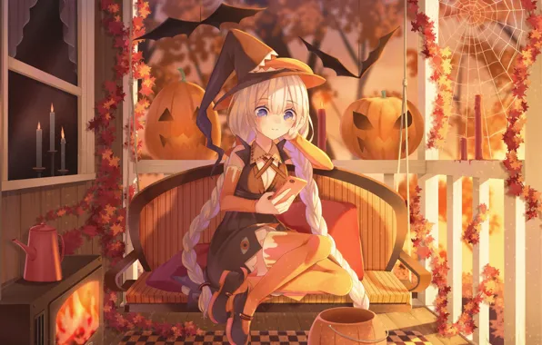 Качели, паутина, камин, halloween, веранда, смартфон, уютно, светильник Джека