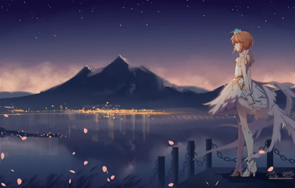 Картинка ночь, сакура, девочка, Card Captor Sakura