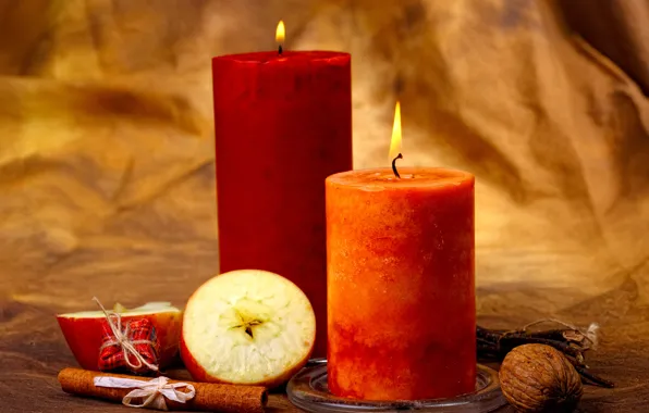 Картинка яблоки, свечи, орехи, корица