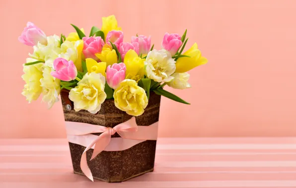 Картинка весна, желтые, colorful, тюльпаны, розовые, бант, 8 марта, flowers