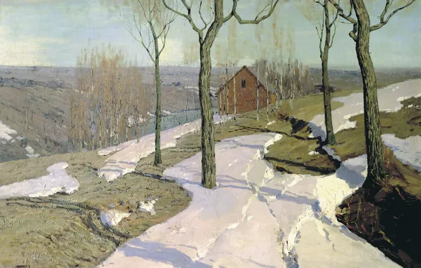 Деревья, пейзаж, дом, масло, Холст, 1898, Последний снег, Вильгельм ПУРВИТ
