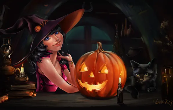 Девушка, праздник, арт, Halloween, тыква, Хэллоуин, черный кот, Witch