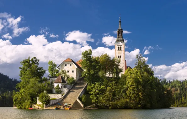 Картинка озеро, остров, церковь, Словения, Lake Bled, Slovenia, Бледское озеро, Блед