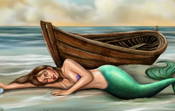 Картинка песок, море, фантастика, лодка, волосы, русалка, рука, ракушка