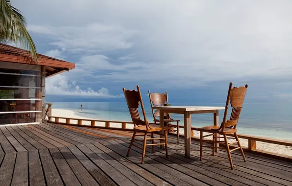 Картинка море, пляж, небо, природа, стулья, стул