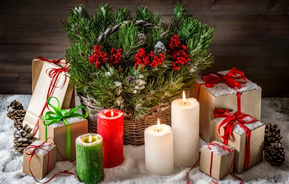 Картинка снег, украшения, елка, свечи, Новый Год, Рождество, подарки, Christmas