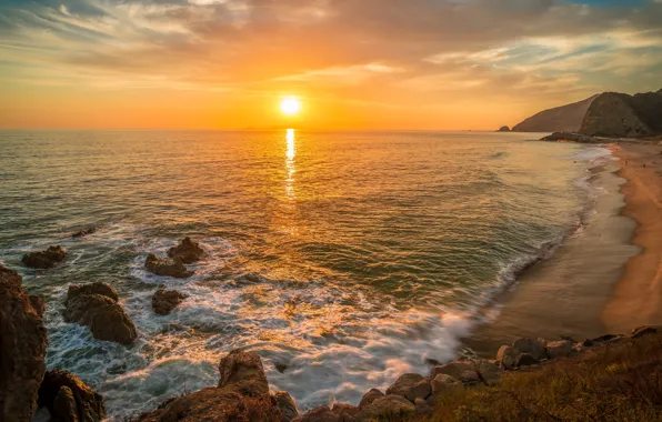 Море, волны, пляж, небо, пена, солнце, свет, закат