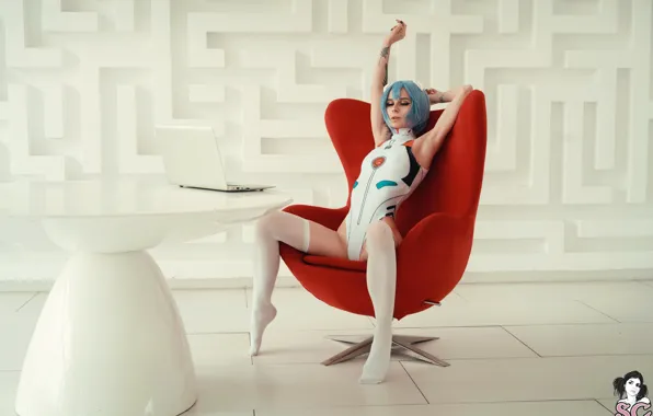 Картинка Neon Genesis Evangelion, stockings, model, chair, tattoo, women, cosplay, laptop