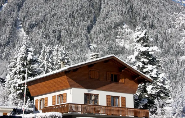 Картинка зима, снег, пейзаж, горы, природа, дом, альпы