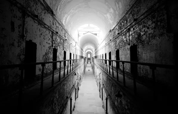 Картинка фото, черно-белое, тюрьма, заброшенное здание, Pennsylvania, Philadelphia, Аmerican prison
