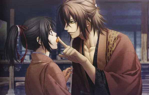 Японская одежда, флирт, демоны бледной сакуры, chizuru yukimura, hakuouki shinsengumi kitan, смущение, палец у рта, …
