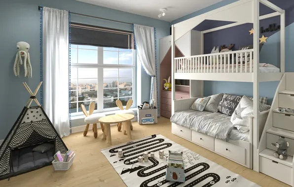 Дизайн, стиль, интерьер, городская квартира, детская комната, child room