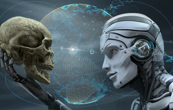 Картинка skull, cyborg, futuristic, human android