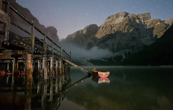 Картинка небо, пейзаж, горы, природа, туман, озеро, рассвет, лодка
